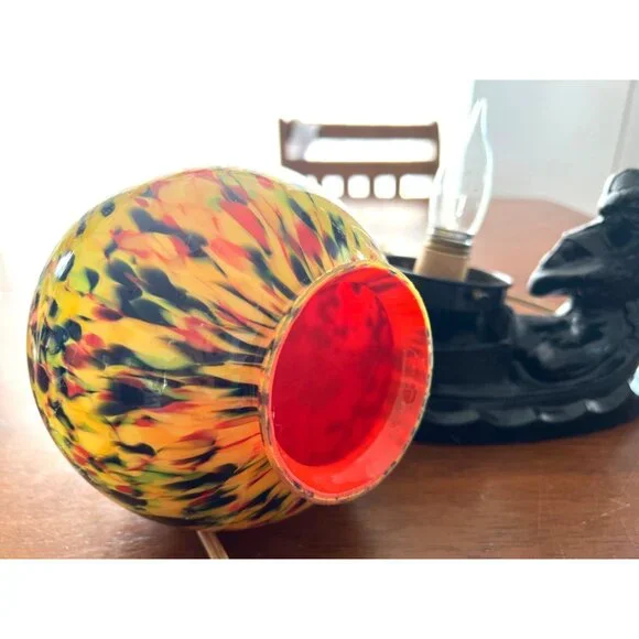 Antique Art NOVEAU Deco Lamp End of Day Glass Shade & Black Iron Base TESTED - Picture 5 of 10